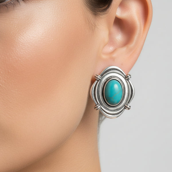 silver oval turquoise concho stud earrings