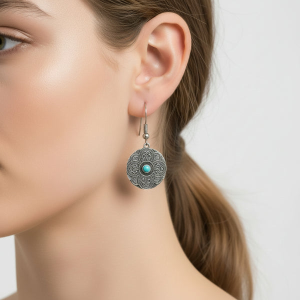 western round concho engraved turquoise dangle earrings