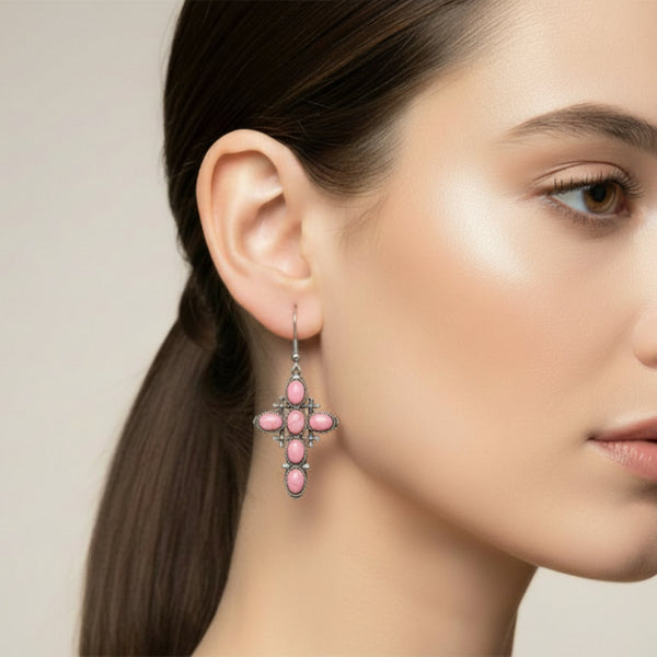 pink stone western cross dangle earrings