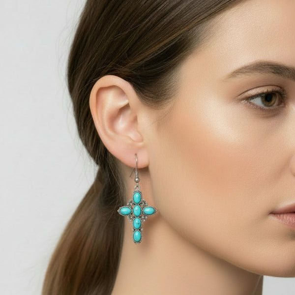 turquoise stone western cross dangle earrings