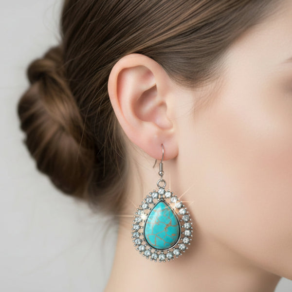 western teardrop turquoise and rhinestones dangle earrings