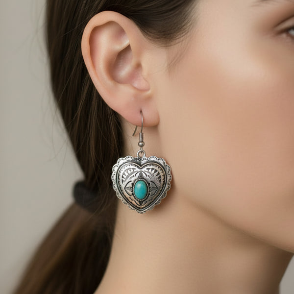 western silver engraved turquoise heart dangle earrings