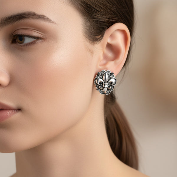 western fleur-de-lis antique silver stud earrings