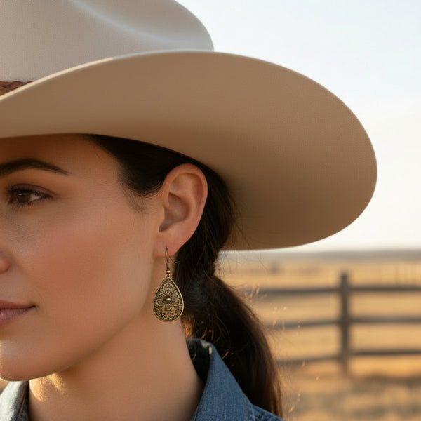 western engraved teardrop antique gold dangle earrings