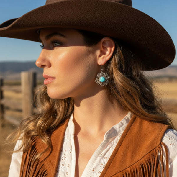 western floral turquoise concho dangle earrings