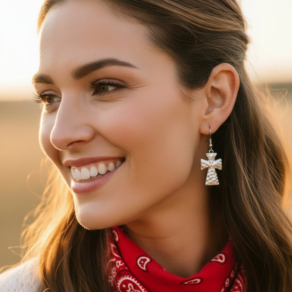 western hammered silver cross dangle earrings