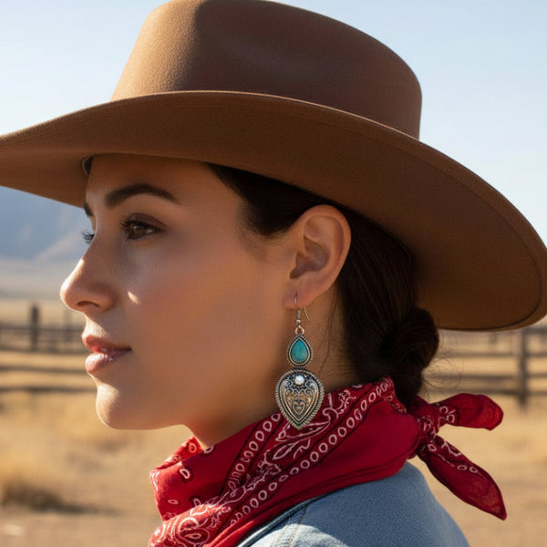 western teardrop and hearts silver engraved turquoise dangle earrings