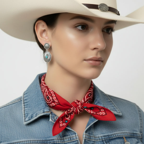 western oval silver and turquoise concho dangle earrings