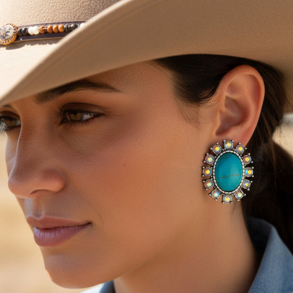 western oval turquoise and rhinestones stud earrings