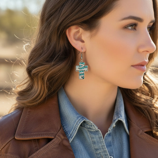 western mosaic cross turquoise and rhinestone dangle earrings