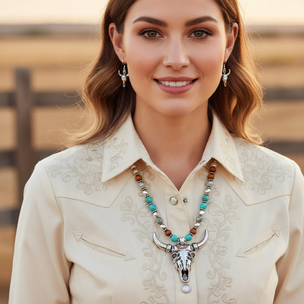 western bull skull turquoise necklace and earrings