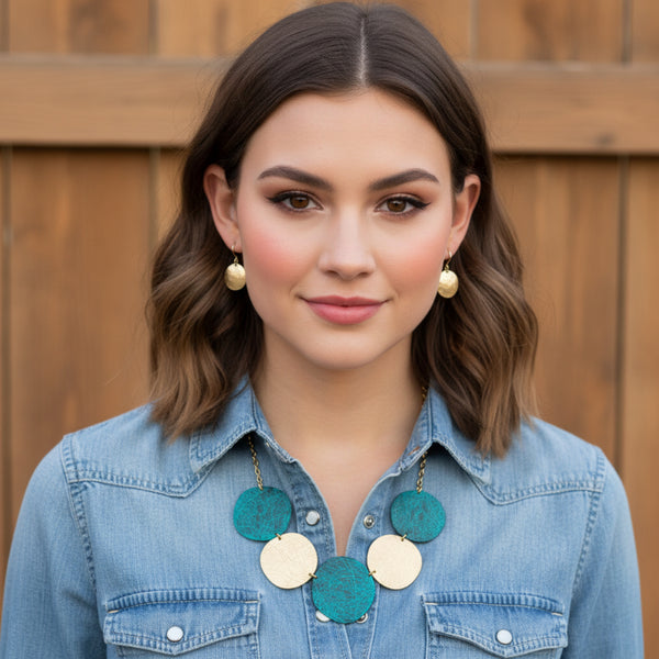 western turquoise patina and gold necklace and earrings set