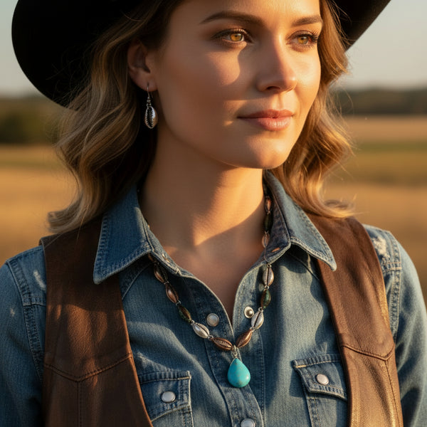 western tri-color turquoise teardrop necklace and earrings