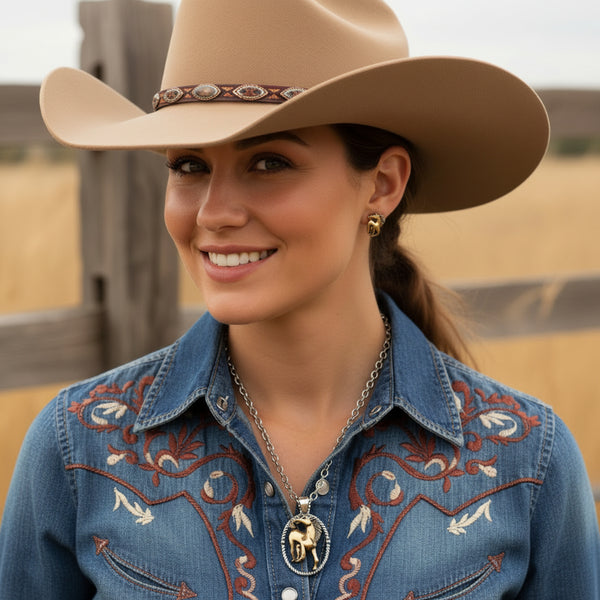 western horse silver and gold two-tone necklace and earrings