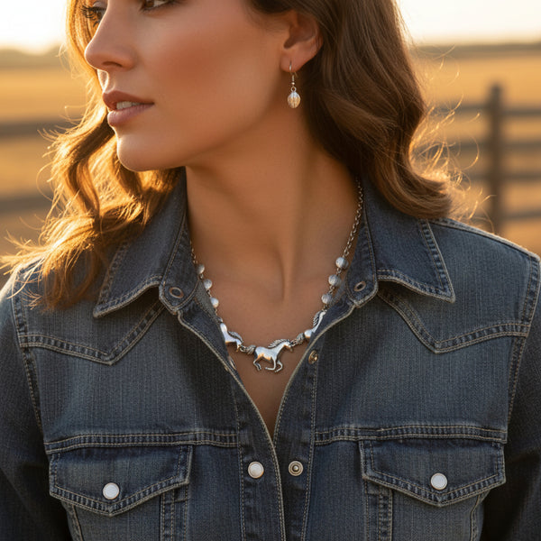 silver western running horse necklace and earrings