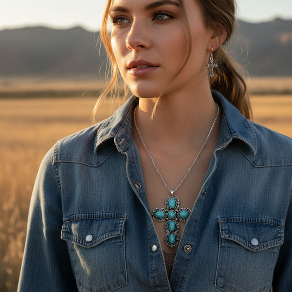 western turquoise cross necklace and earrings