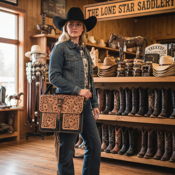 black and tooled leather briefcase laptop bag