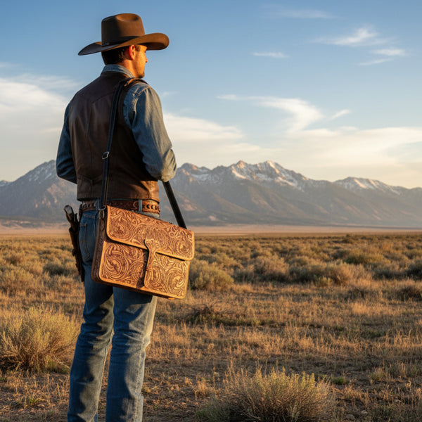 tooled leather briefcase laptop bag with black shoulder strap