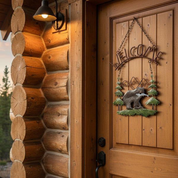 bear with fish mountain scene welcome sign