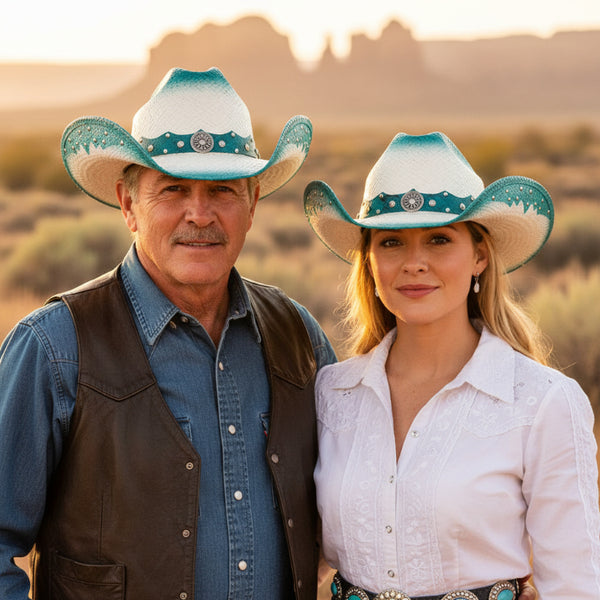 white and turquoise pinch front western hat with concho hat band