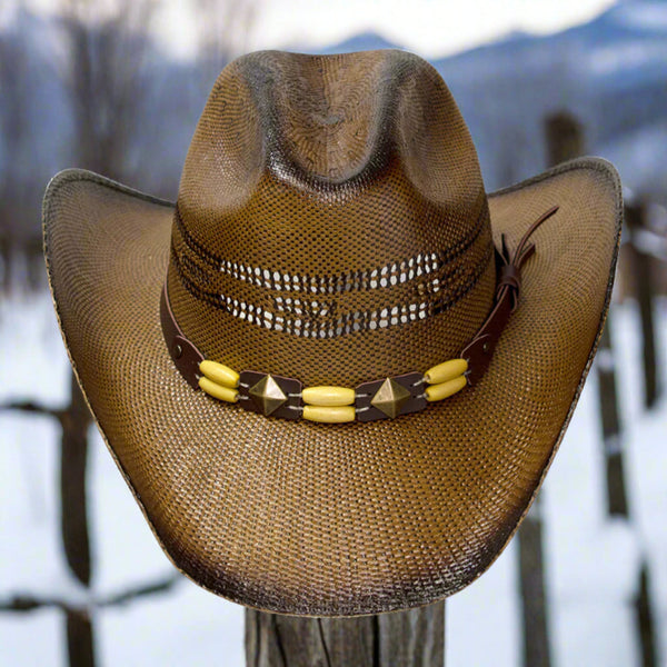 brown straw cattleman beaded diamond concho western hat