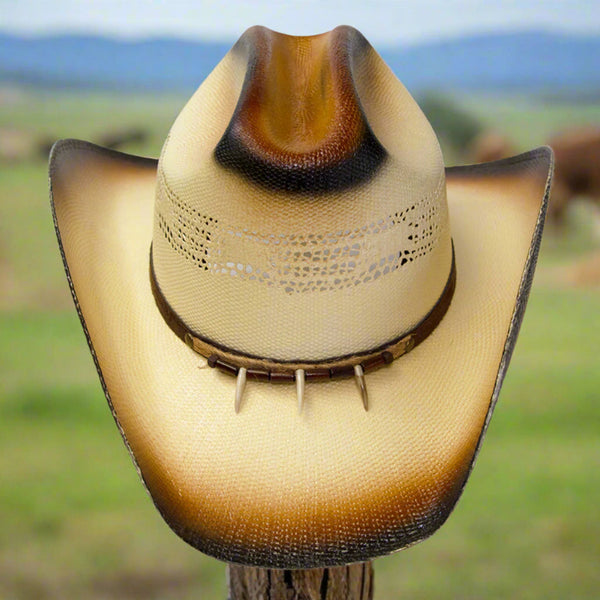 brown and beige straw cattleman beaded talons western hat