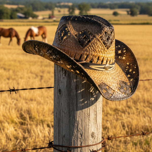 tan and dark brown straw pinch front western hat