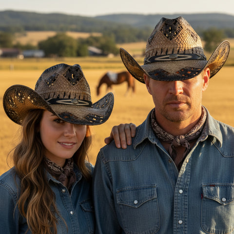 Tan & Dark Brown Straw Pinch Front Western Hat