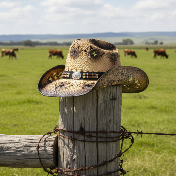 tan and brown straw western hat with beaded concho hat band