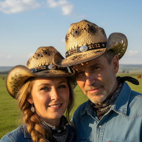 Tan & Brown Straw Western Hat with Beaded Concho Hat Band