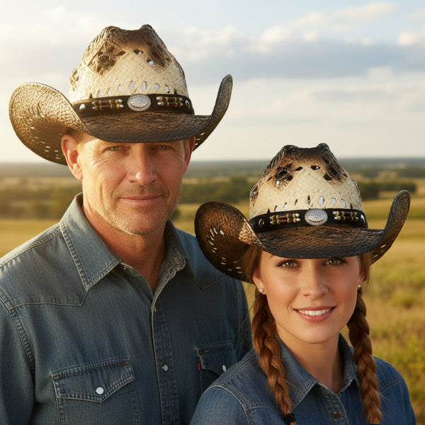 brown straw pinch front western hat