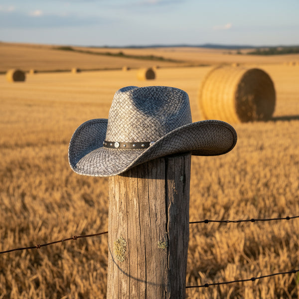 gray snakeskin look straw pinch front western hat