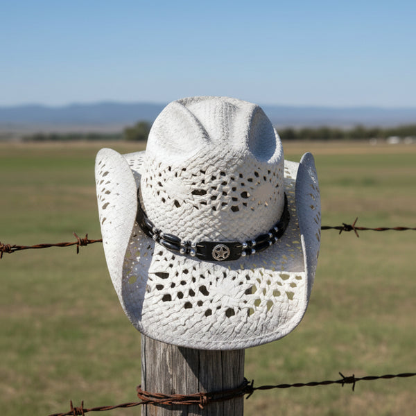 white and gray straw western hat with beaded texas star hat band