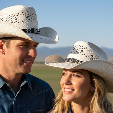White & Gray Straw Western Hat with Beaded Texas Star Hat Band