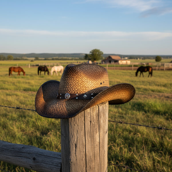 dark brown straw pinch front western hat