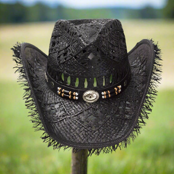 black straw frayed pinch front western hat