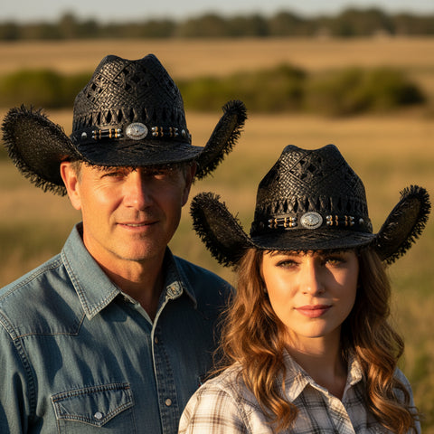 Black Straw Frayed Pinch Front Western Hat