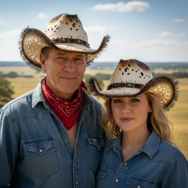 white and tan frayed western pinch front hat