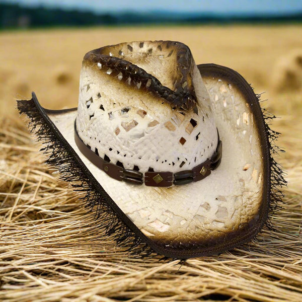 white and tan frayed western pinch front hat