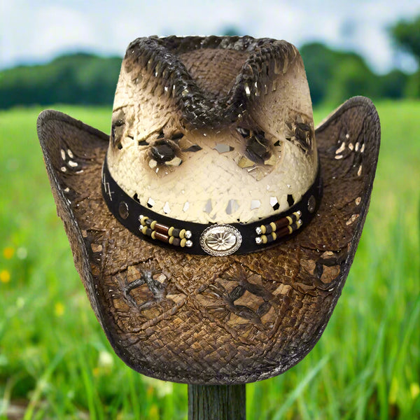 brown straw pinch front western hat