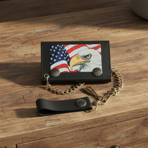 black leather trifold eagle & american flag chain wallet
