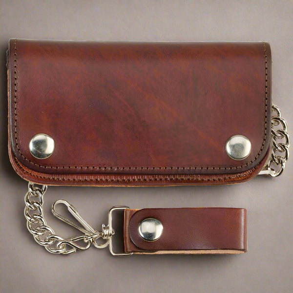 antique brown leather biker wallet with chain