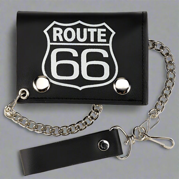 route 66 black leather trifold wallet with chain