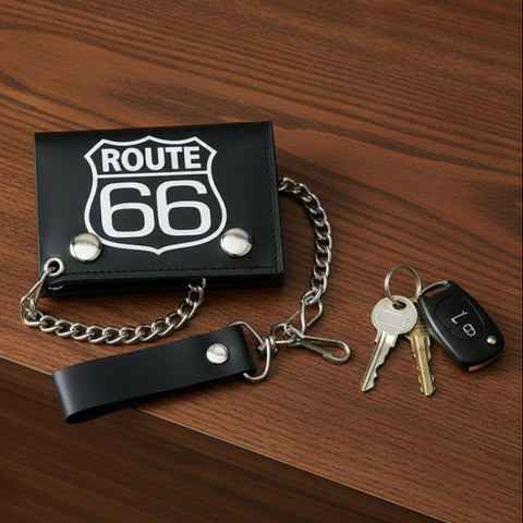 Route 66 Black Leather Trifold Wallet with Chain