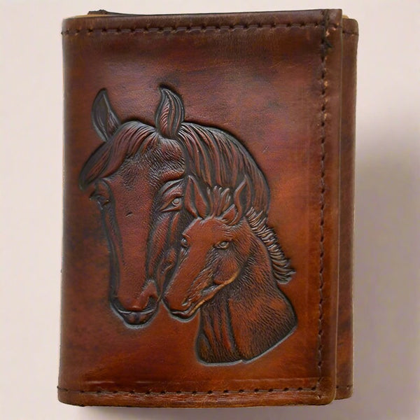 embossed horses antique brown leather trifold wallet