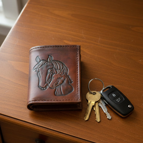 Embossed Horses Antique Brown Leather Trifold Wallet