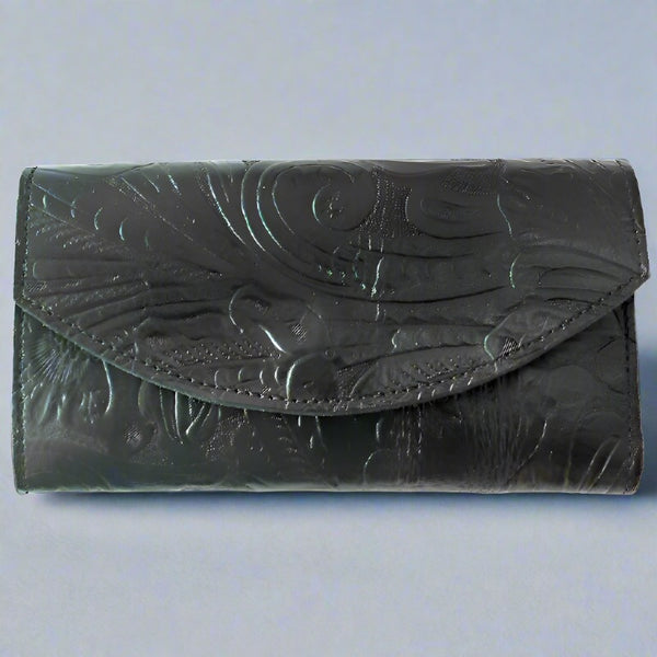 ladies black tooled leather organizer wallet