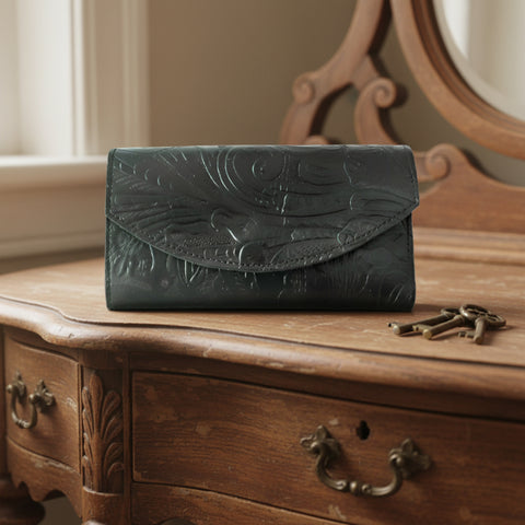 Ladies Black Tooled Leather Organizer Wallet