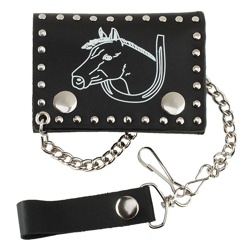 black leather trifold white horse chain wallet