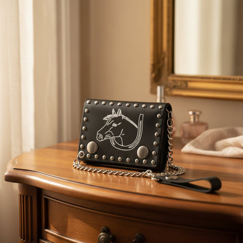 Black Leather Trifold White Horse Chain Wallet